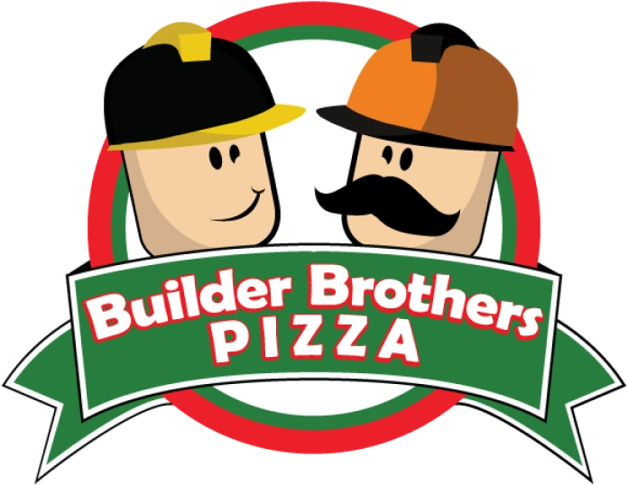 Two robloxian heads wearing construction hats, one with a black mustache. They are positioned above a green ribbon with white text (red stroke) that reads: Builder Brothers PIZZA